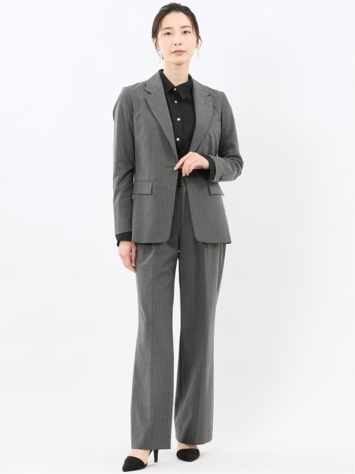 ストレッチウォッシャブル ピンスト リラクシング 1ボタンジャケット グレー(セットアップ可能)