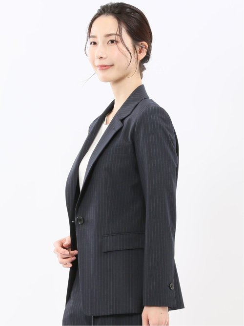 ストレッチウォッシャブル ピンスト リラクシング 1ボタンジャケット 紺(セットアップ可能)