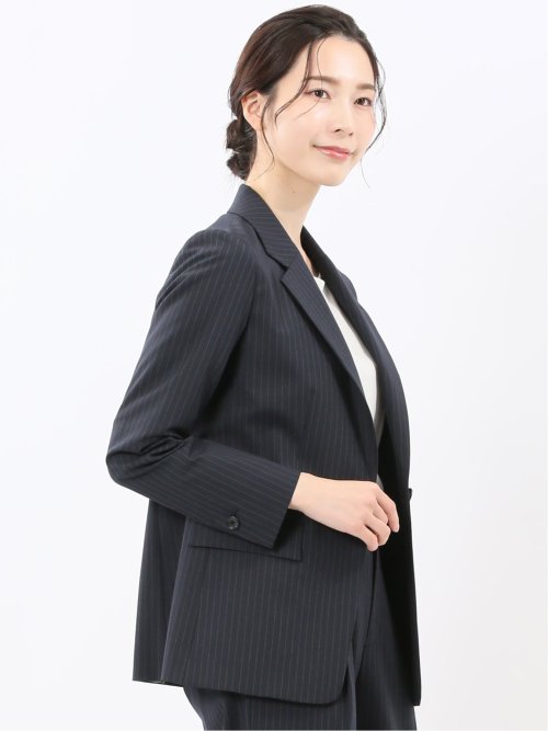 ストレッチウォッシャブル ピンスト リラクシング 1ボタンジャケット 紺(セットアップ可能)