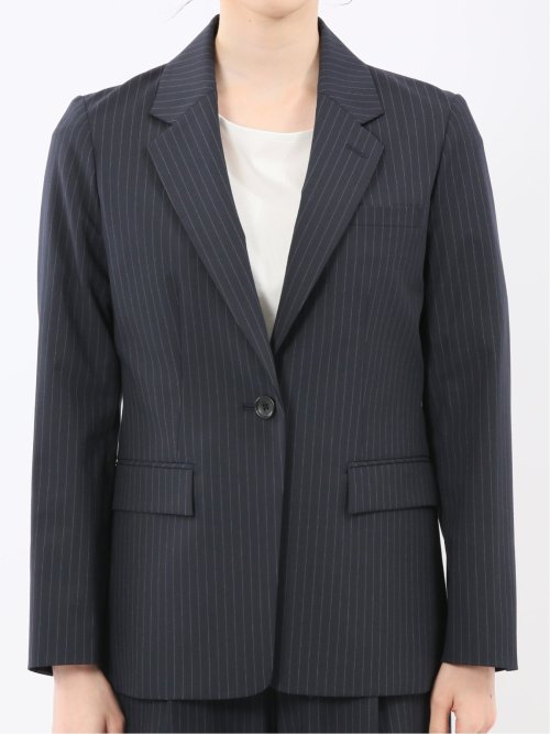 ストレッチウォッシャブル ピンスト リラクシング 1ボタンジャケット 紺(セットアップ可能)