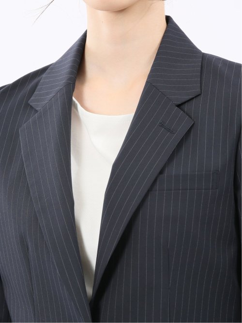 ストレッチウォッシャブル ピンスト リラクシング 1ボタンジャケット 紺(セットアップ可能)