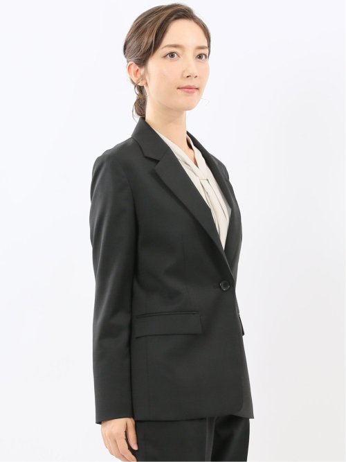 ストレッチウォッシャブル ウール混 リラクシング 1ボタンジャケット チェック黒(セットアップ可能)