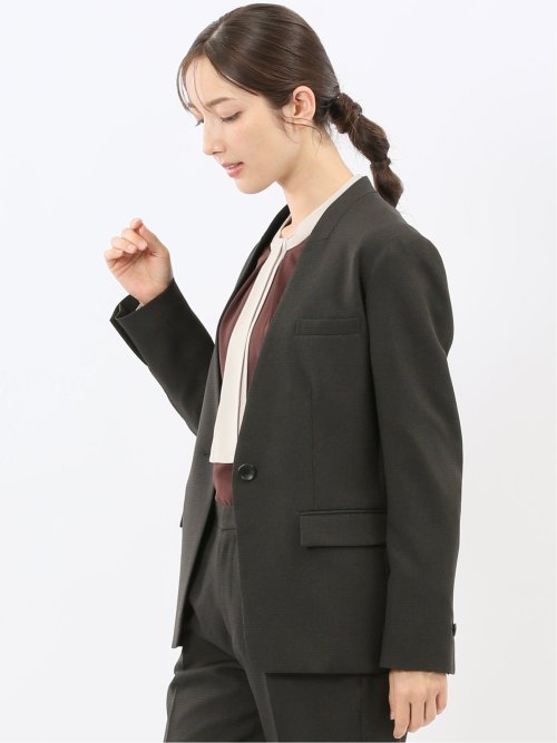 ストレッチウォッシャブル ウール調 リラクシング ノーカラージャケット 千鳥グレー(セットアップ可能)