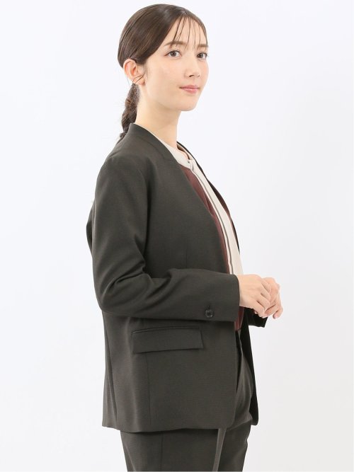 ストレッチウォッシャブル ウール調 リラクシング ノーカラージャケット 千鳥グレー(セットアップ可能)