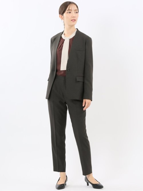 ストレッチウォッシャブル ウール調 リラクシング ノーカラージャケット 千鳥グレー(セットアップ可能)