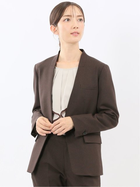ストレッチウォッシャブル ウール調 リラクシング ノーカラージャケット 千鳥こげ茶(セットアップ可能)
