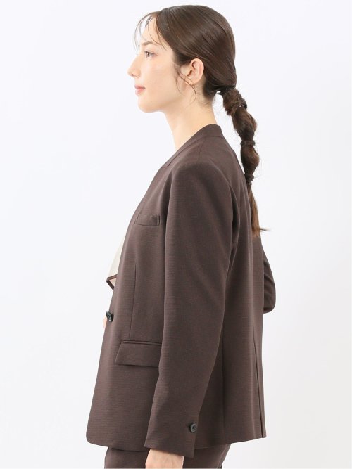 ストレッチウォッシャブル ウール調 リラクシング ノーカラージャケット 千鳥こげ茶(セットアップ可能)