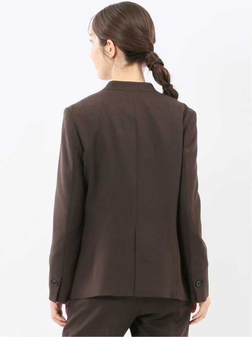 ストレッチウォッシャブル ウール調 リラクシング ノーカラージャケット 千鳥こげ茶(セットアップ可能)