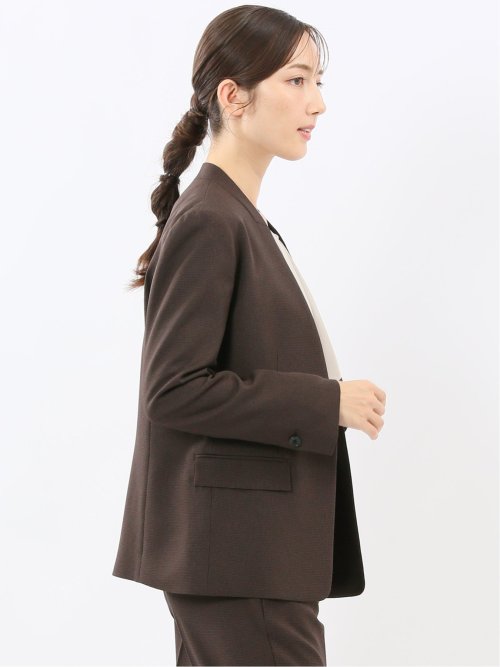 ストレッチウォッシャブル ウール調 リラクシング ノーカラージャケット 千鳥こげ茶(セットアップ可能)