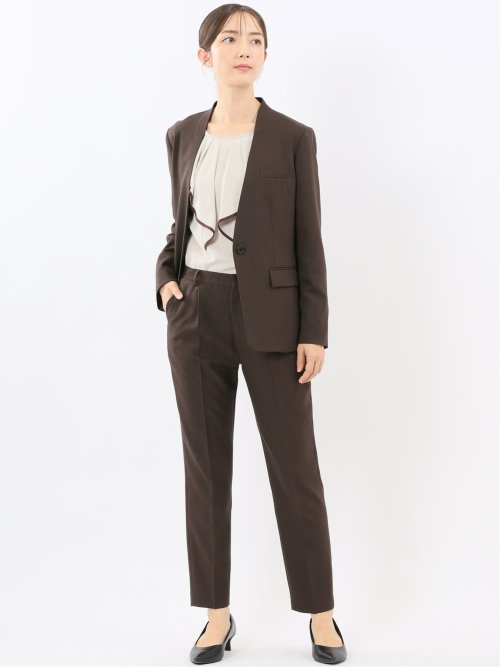 ストレッチウォッシャブル ウール調 リラクシング ノーカラージャケット 千鳥こげ茶(セットアップ可能)