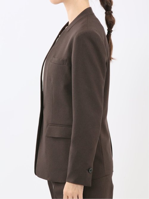 ストレッチウォッシャブル ウール調 リラクシング ノーカラージャケット 千鳥こげ茶(セットアップ可能)