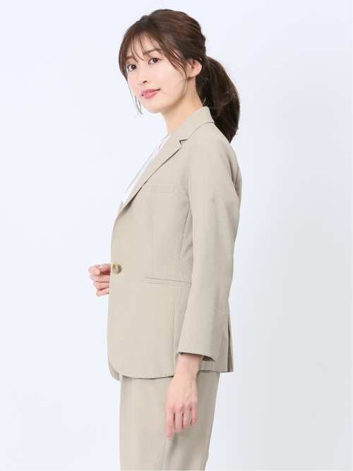 シアサッカー 1ボタン7分袖ジャケット ベージュ(セットアップ可能)