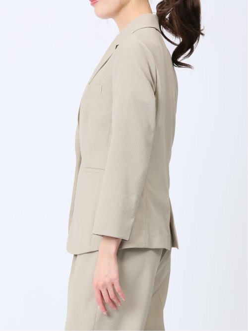 シアサッカー 1ボタン7分袖ジャケット ベージュ(セットアップ可能)