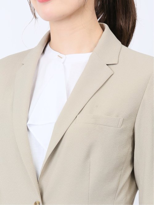 シアサッカー 1ボタン7分袖ジャケット ベージュ(セットアップ可能)