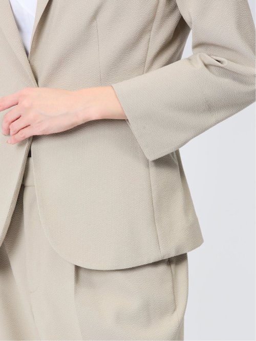 シアサッカー 1ボタン7分袖ジャケット ベージュ(セットアップ可能)