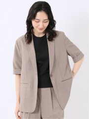 ストレッチ ウォッシャブル 麻調 1ボタン 半袖 ジャケット ベージュ(セットアップ可能)