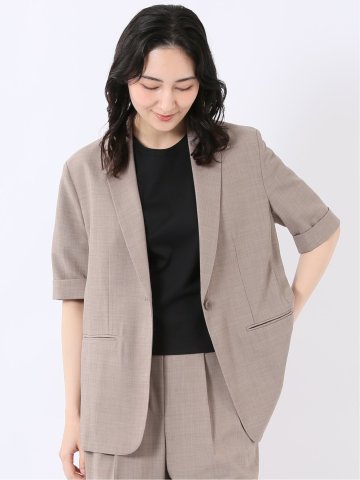 ストレッチ ウォッシャブル 撥水 UVカット 麻調 ややゆったり 1ボタン 半袖 ジャケット ベージュ セットアップ可能 レディース