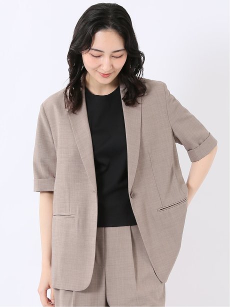 ストレッチ ウォッシャブル 麻調 1ボタン 半袖 ジャケット ベージュ(セットアップ可能)