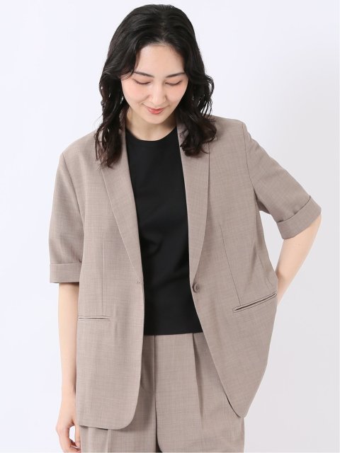 ストレッチ ウォッシャブル 撥水 UVカット 麻調 ややゆったり 1ボタン 半袖 ジャケット ベージュ セットアップ可能 レディース