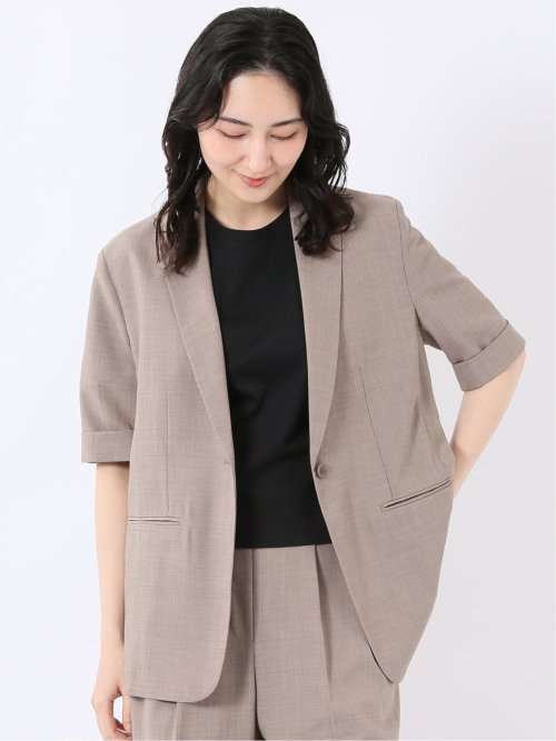 ストレッチ ウォッシャブル 麻調 1ボタン 半袖 ジャケット ベージュ(セットアップ可能)