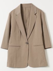 ストレッチ ウォッシャブル リネン混 1ボタン 7分袖 ジャケット 茶(セットアップ可能)