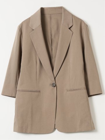 ストレッチ ウォッシャブル リネン混 1ボタン 7分袖 ジャケット 茶(セットアップ可能)