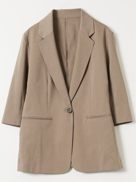 ストレッチ ウォッシャブル リネン混 1ボタン 7分袖 ジャケット 茶(セットアップ可能)