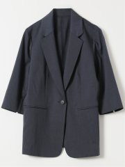 ストレッチ ウォッシャブル リネン混 1ボタン 7分袖 ジャケット 紺(セットアップ可能)