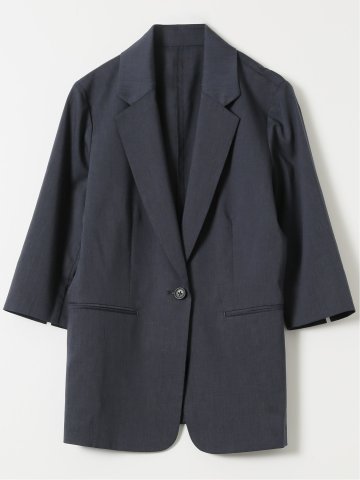 ストレッチ ウォッシャブル リネン混 1ボタン 7分袖 ジャケット 紺(セットアップ可能)