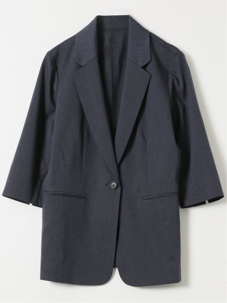 ストレッチ ウォッシャブル リネン混 1ボタン 7分袖 ジャケット 紺(セットアップ可能)