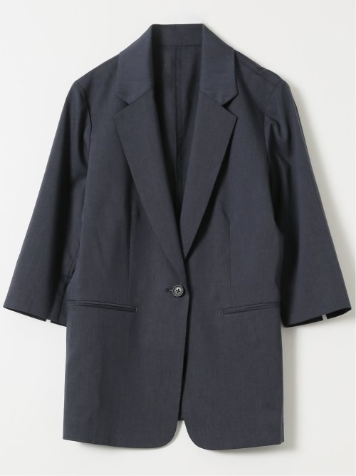 ストレッチ ウォッシャブル リネン混 1ボタン 7分袖 ジャケット 紺(セットアップ可能)