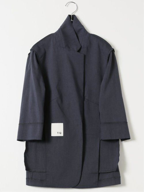 ストレッチ ウォッシャブル リネン混 1ボタン 7分袖 ジャケット 紺(セットアップ可能)