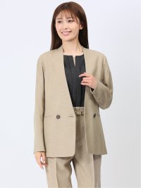 ウォッシャブル 麻調カラーレスダブルジャケット ベージュ 