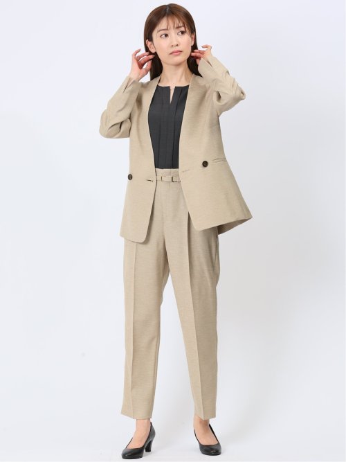 ウォッシャブル 麻調カラーレスダブルジャケット ベージュ(セットアップ可能)