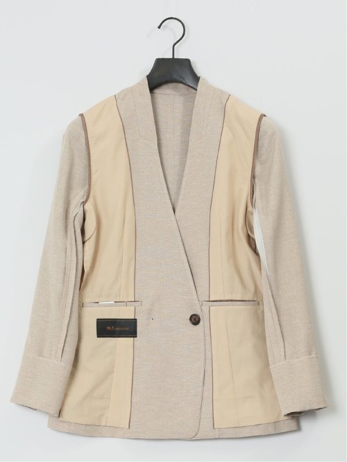 ウォッシャブル 麻調カラーレスダブルジャケット ベージュ(セットアップ可能)