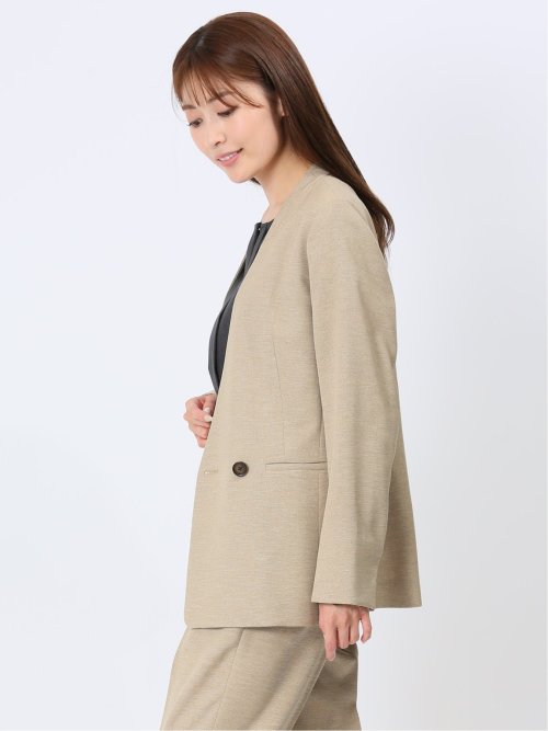 ウォッシャブル 麻調カラーレスダブルジャケット ベージュ(セットアップ可能)