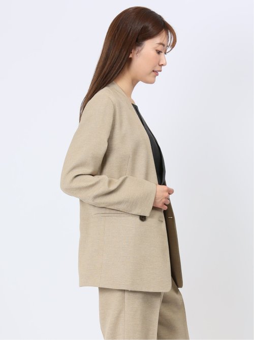 ウォッシャブル 麻調カラーレスダブルジャケット ベージュ(セットアップ可能)