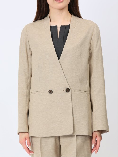 ウォッシャブル 麻調カラーレスダブルジャケット ベージュ(セットアップ可能)