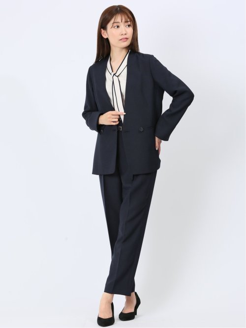 ウォッシャブル 麻調カラーレスダブルジャケット 紺(セットアップ可能)