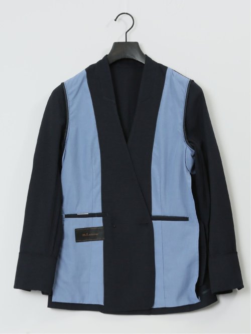 ウォッシャブル 麻調カラーレスダブルジャケット 紺(セットアップ可能)