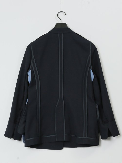 ウォッシャブル 麻調カラーレスダブルジャケット 紺(セットアップ可能)