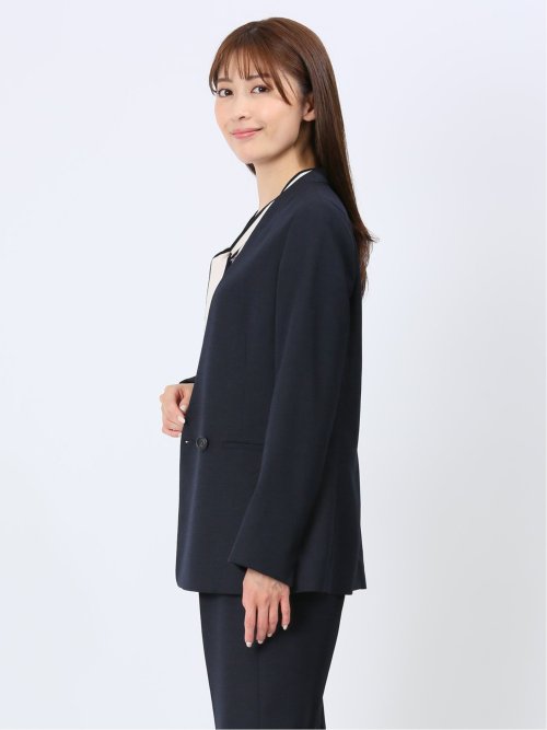 ウォッシャブル 麻調カラーレスダブルジャケット 紺(セットアップ可能)