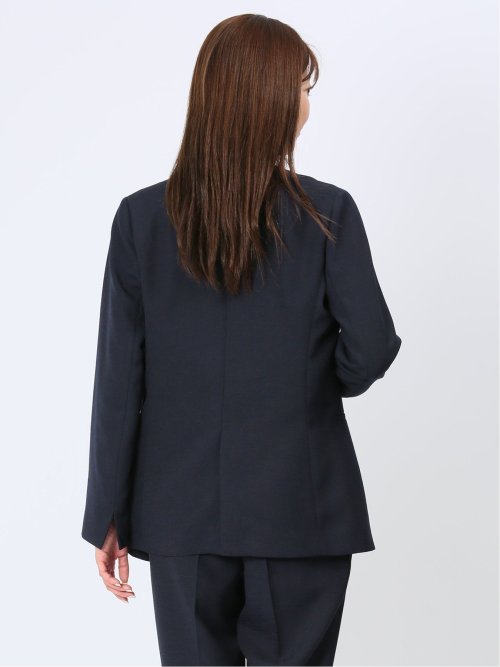 ウォッシャブル 麻調カラーレスダブルジャケット 紺(セットアップ可能)