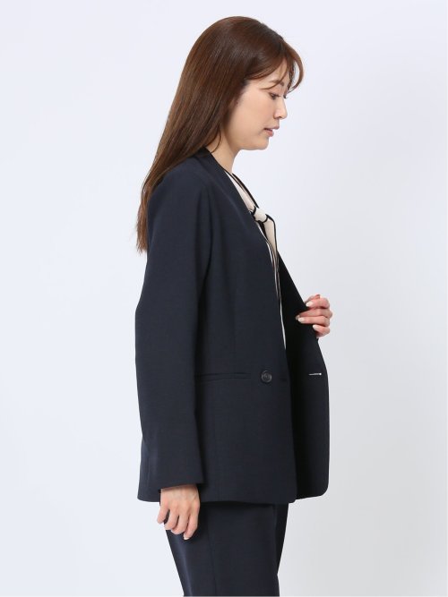 ウォッシャブル 麻調カラーレスダブルジャケット 紺(セットアップ可能)