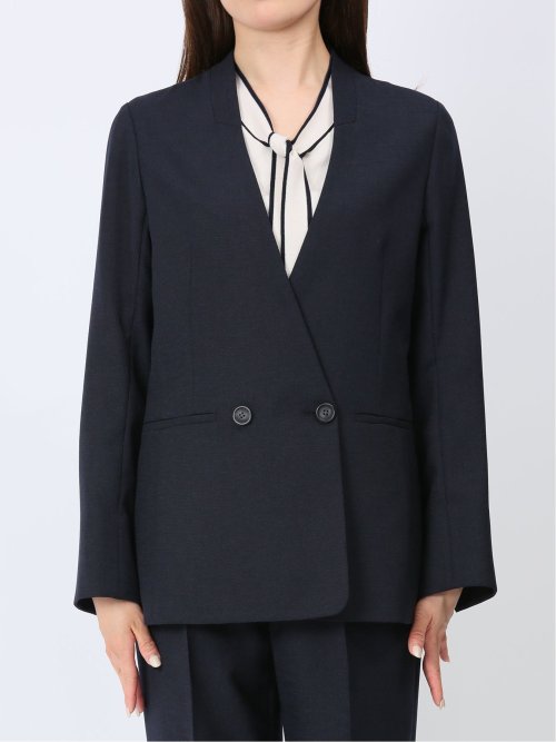 ウォッシャブル 麻調カラーレスダブルジャケット 紺(セットアップ可能)