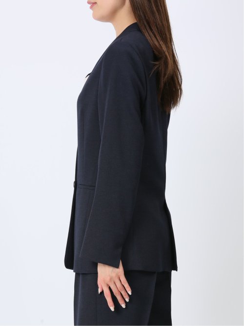 ウォッシャブル 麻調カラーレスダブルジャケット 紺(セットアップ可能)