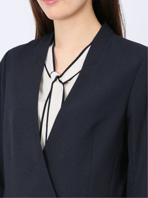 ウォッシャブル 麻調カラーレスダブルジャケット 紺(セットアップ可能)