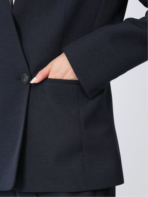 ウォッシャブル 麻調カラーレスダブルジャケット 紺(セットアップ可能)