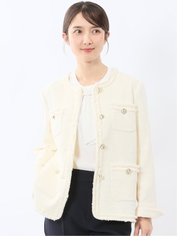 ファンシーツイード ノーカラージャケット アイボリー