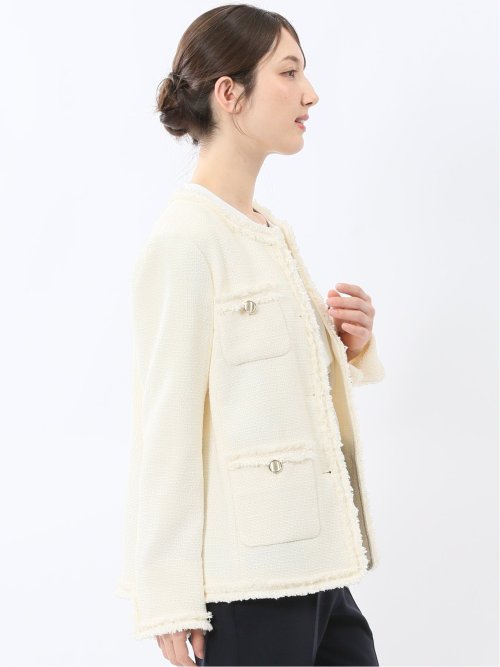 ファンシーツイード ノーカラージャケット アイボリー